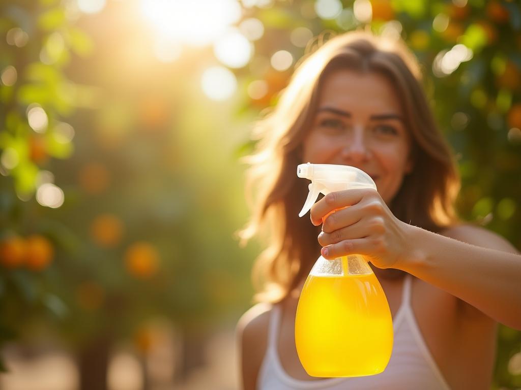 Close-up of Noa Lavi holding a spray bottle filled with citrus-infused cleaning solution, with a background of a sunny Israeli citrus grove.