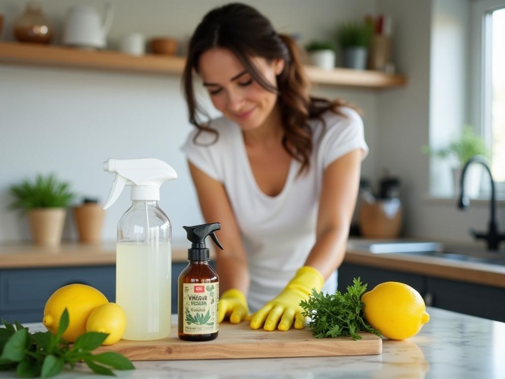 A woman cleaning her kitchen with natural cleaning products like vinegar and essential oils, surrounded by fresh herbs and lemons.