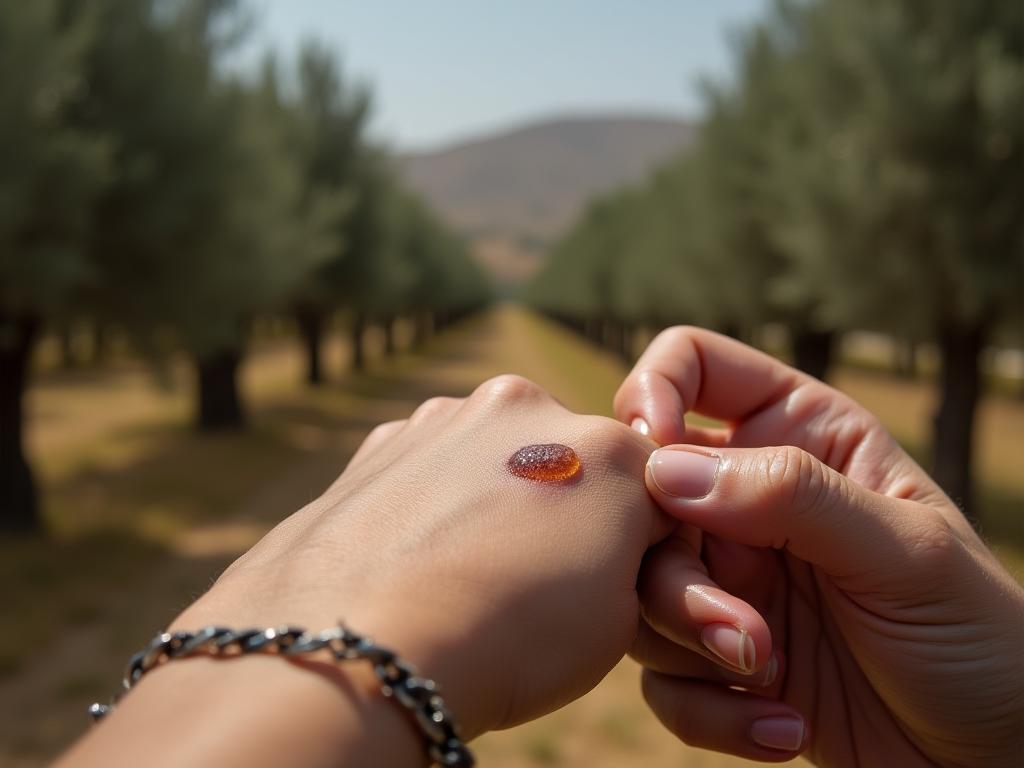 Close-up shot of a hand applying homemade carob oil to a scar, with a backdrop of an olive grove in the Galilee.