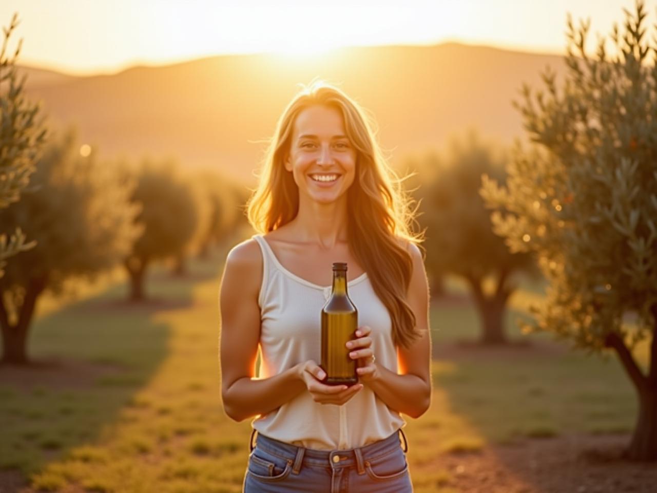 A woman smiling in a field of olive trees, holding a bottle of olive oil. The sunlight is warm and golden.