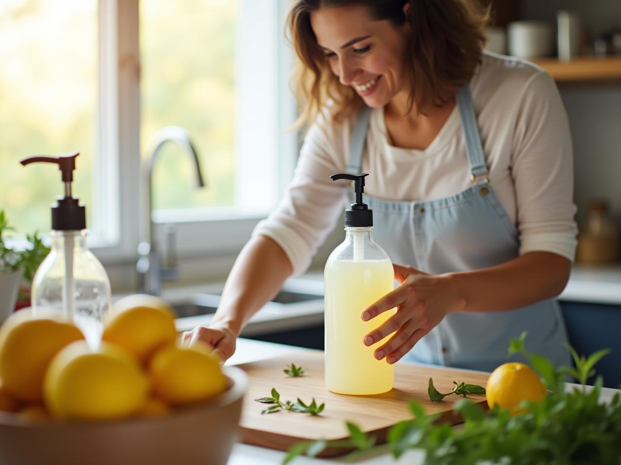 A woman is making natural dish soap in her kitchen, surrounded by lemons, herbs, and glass bottles, with sunlight streaming in through the window.