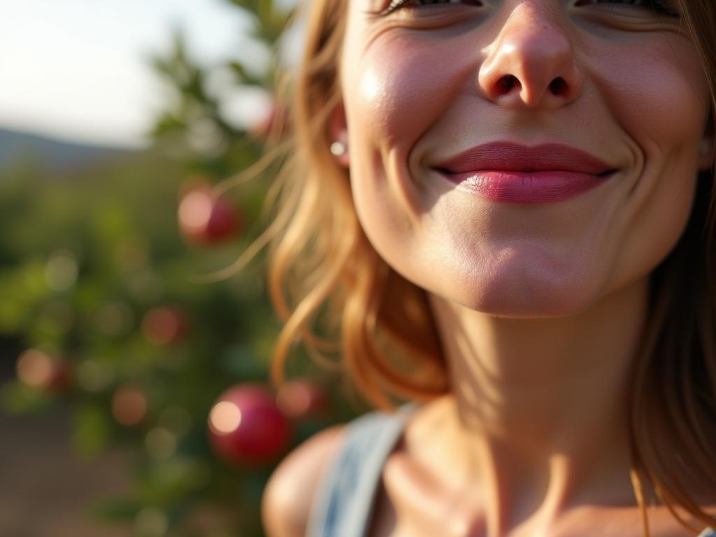 A close-up shot of a woman smiling, wearing a natural, subtly tinted pomegranate lip balm. In the background, a blurred view of pomegranate trees in the Upper Galilee.