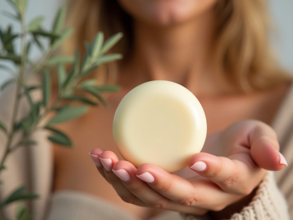 A woman holding a solid shampoo bar with olive branches in the background.