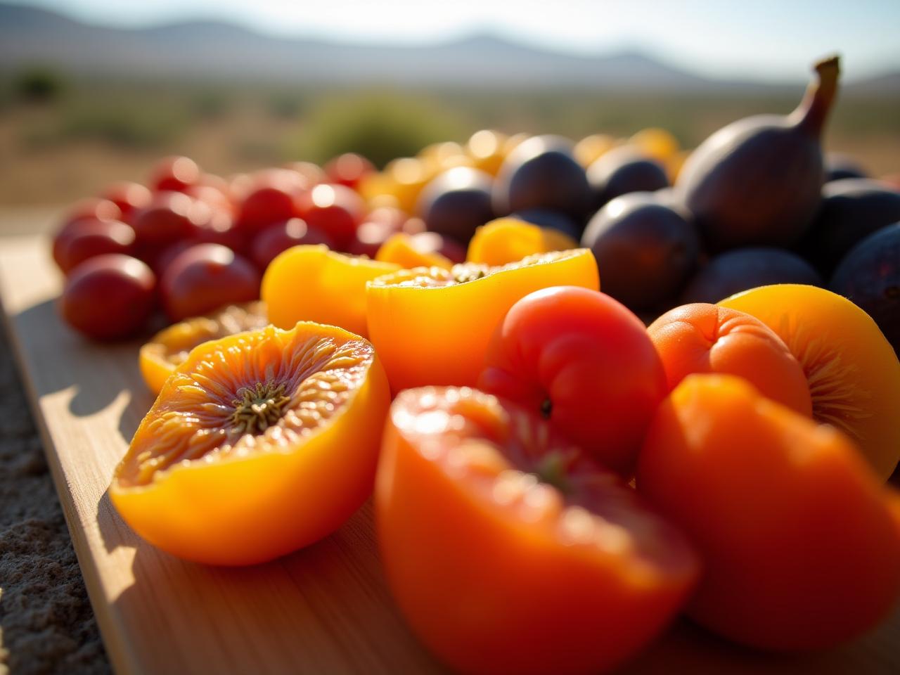 A close-up shot of colorful dried fruits and vegetables (apricots, tomatoes, figs) arranged on a wooden board, with sunlight shining through, emphasizing the natural colors and textures. In the background, a glimpse of the Israeli landscape (fields, mountains) can be seen.