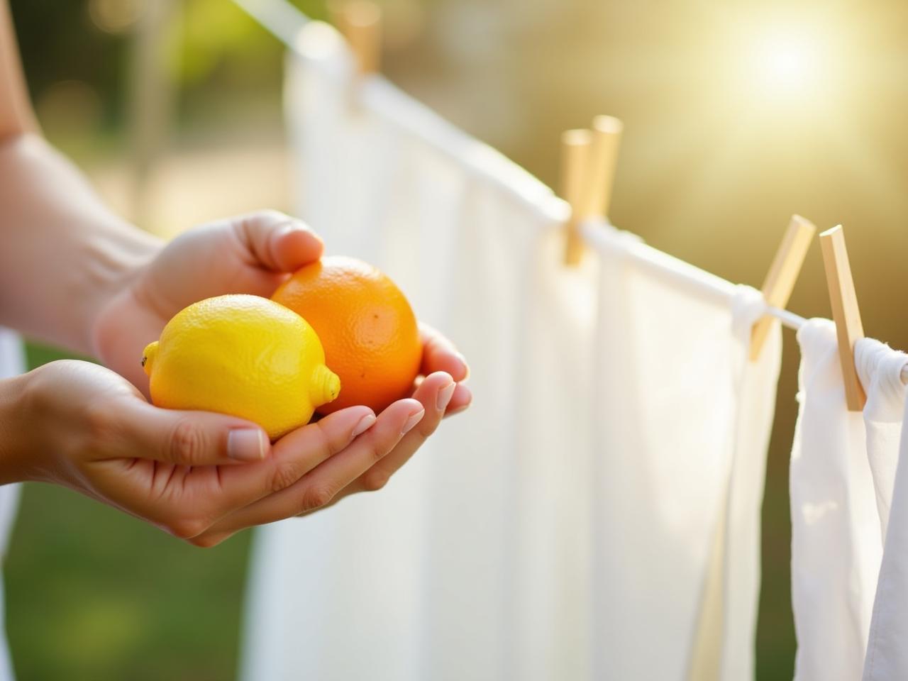 Close up of a womans hands holding a lemon and orange next to a clothesline with white laundry hanging in the sun, representing natural laundry solutions.