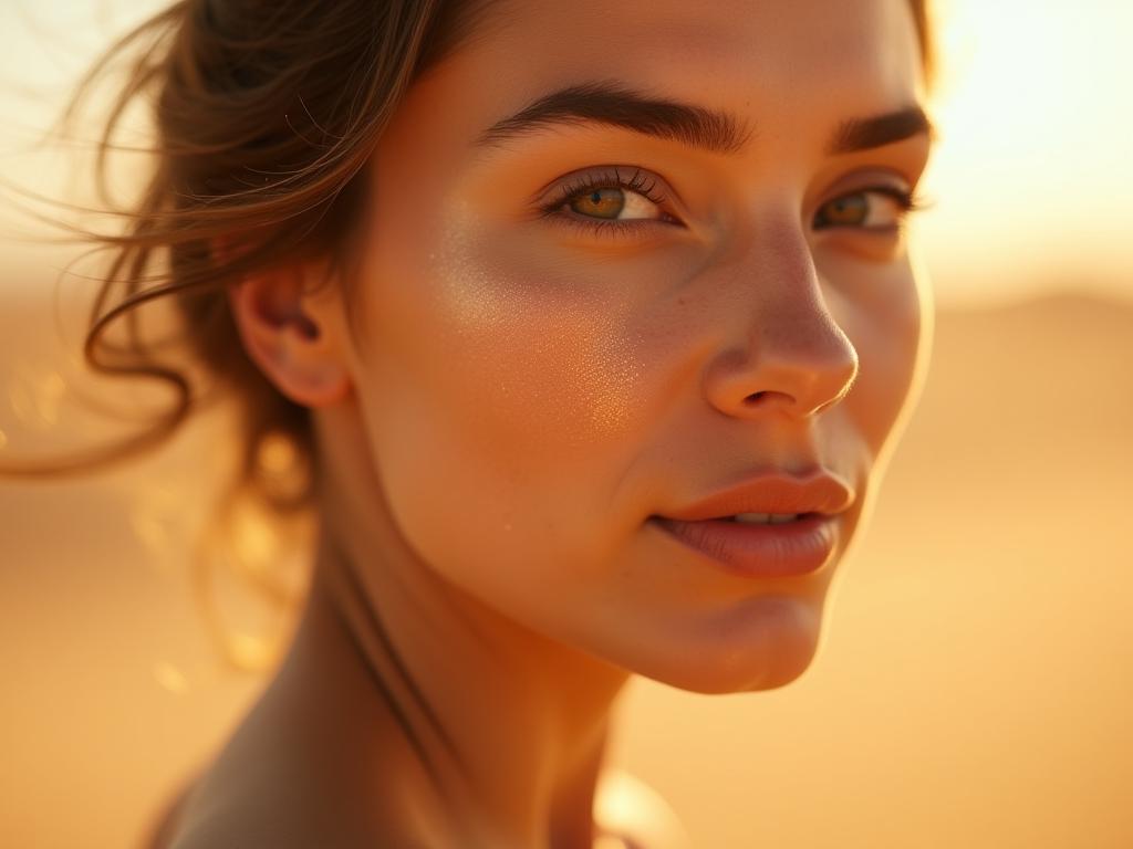 A close-up shot of a womans glowing skin, enhanced with a natural oil serum in a desert landscape.
