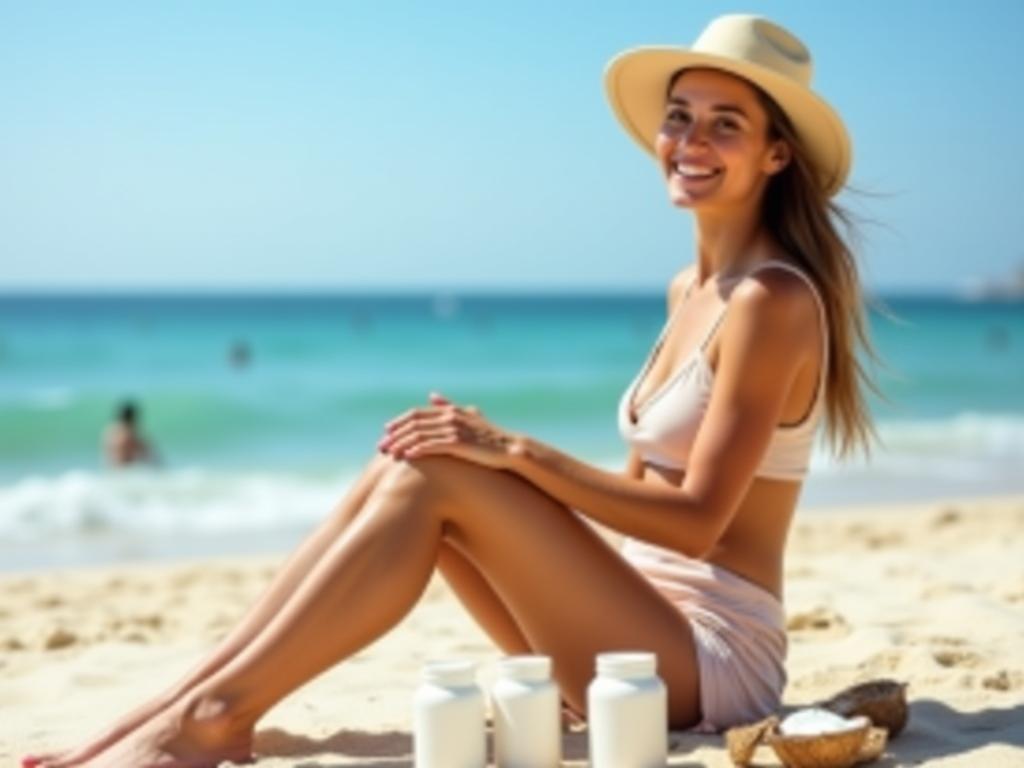A woman with a bright smile applies homemade sunscreen on her skin while sitting on the Tel Aviv beach, with a blue sea and clear sky in the background. Jars of natural ingredients like coconut oil, zinc oxide, and shea butter are scattered next to her.