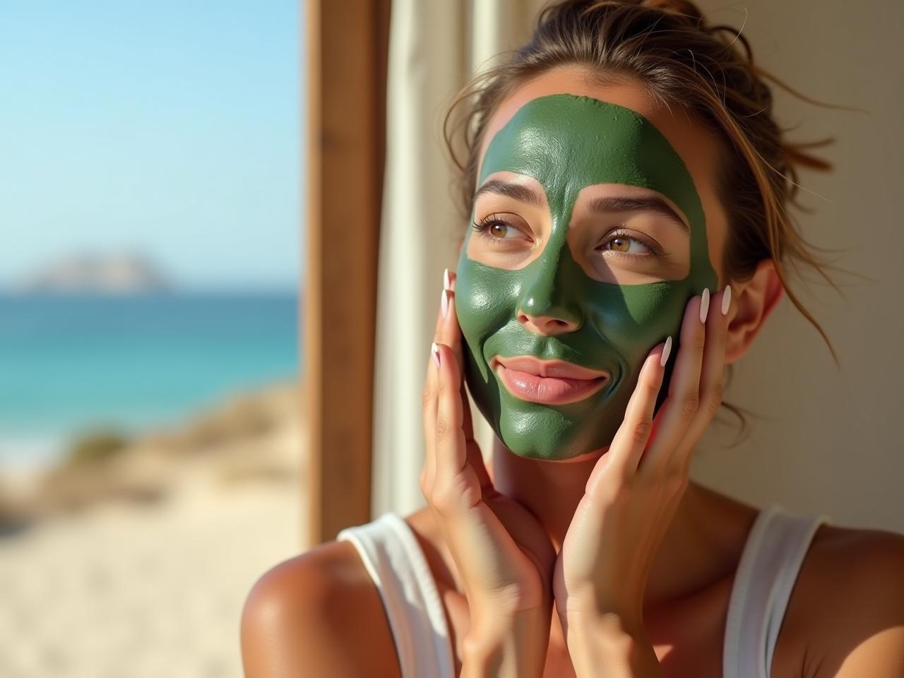 Close-up shot of a woman applying a green algae mask to her face, with a backdrop of the Red Sea and desert landscape.
