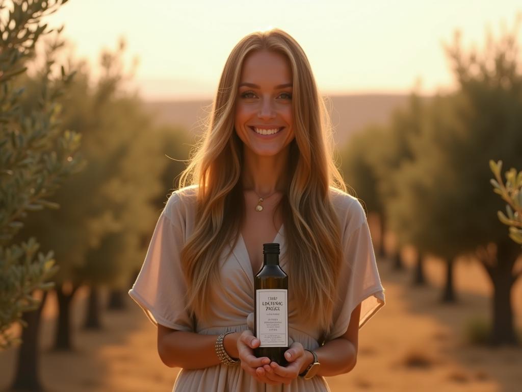 A woman with long, shiny hair standing in a field of olive trees, holding a bottle of argan oil.