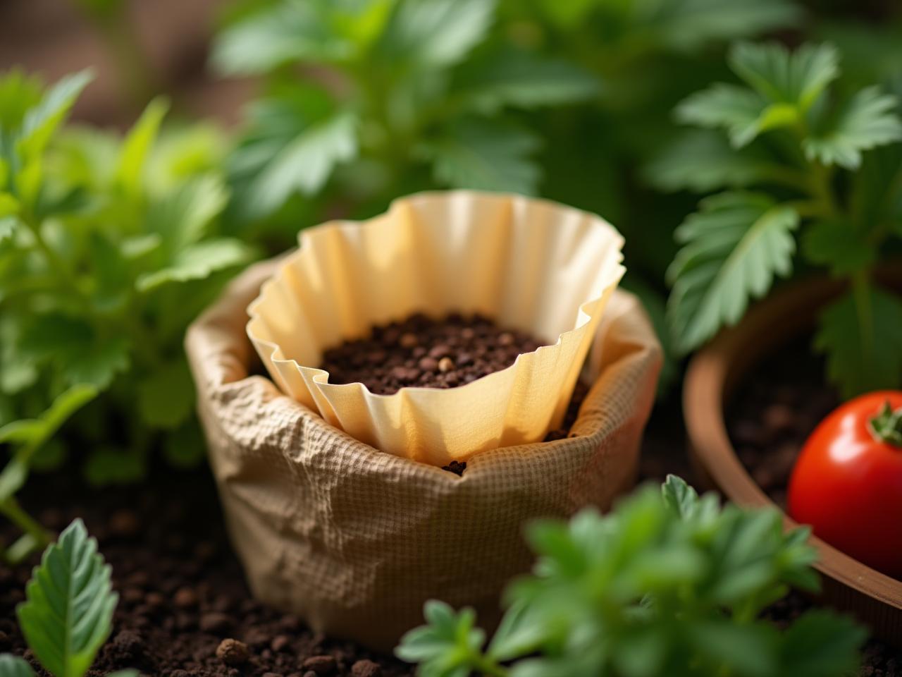 Close up of used coffee filters being used as a natural compost in a garden, surrounded by lush green plants and vegetables. The image conveys a sense of natural beauty and sustainable living in Israel.