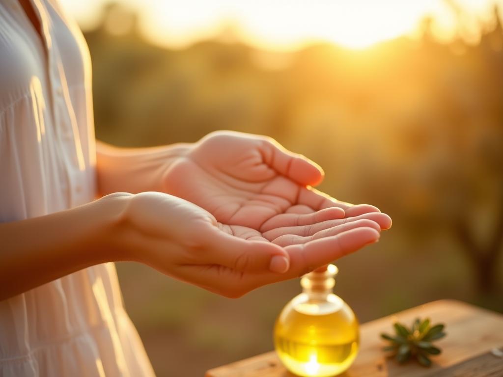 A close-up shot of a womans hands gently massaging natural oil onto her skin. The background shows a field of olive trees in the Galilee region of Israel, bathed in warm sunlight. A small glass bottle of homemade body oil sits nearby.