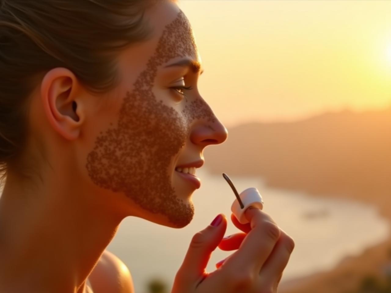 Close-up shot of a woman applying a homemade cinnamon and coffee scrub to her face, with a backdrop of the Israeli coastline at sunset. The image evokes a sense of natural beauty and connection to the earth.