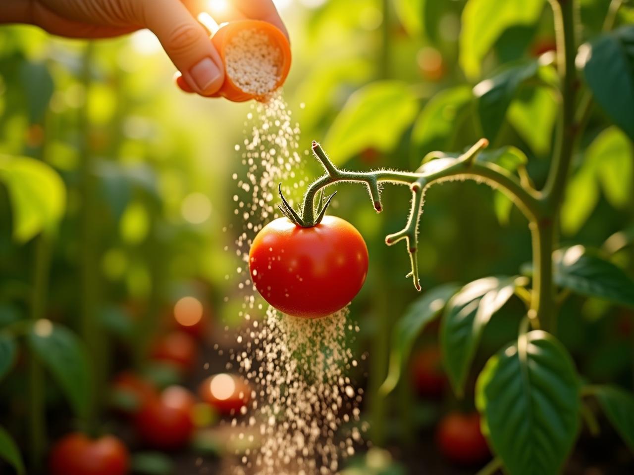 Close-up shot of crushed eggshells being sprinkled around a tomato plant in a vibrant garden, with sunlight filtering through the leaves.