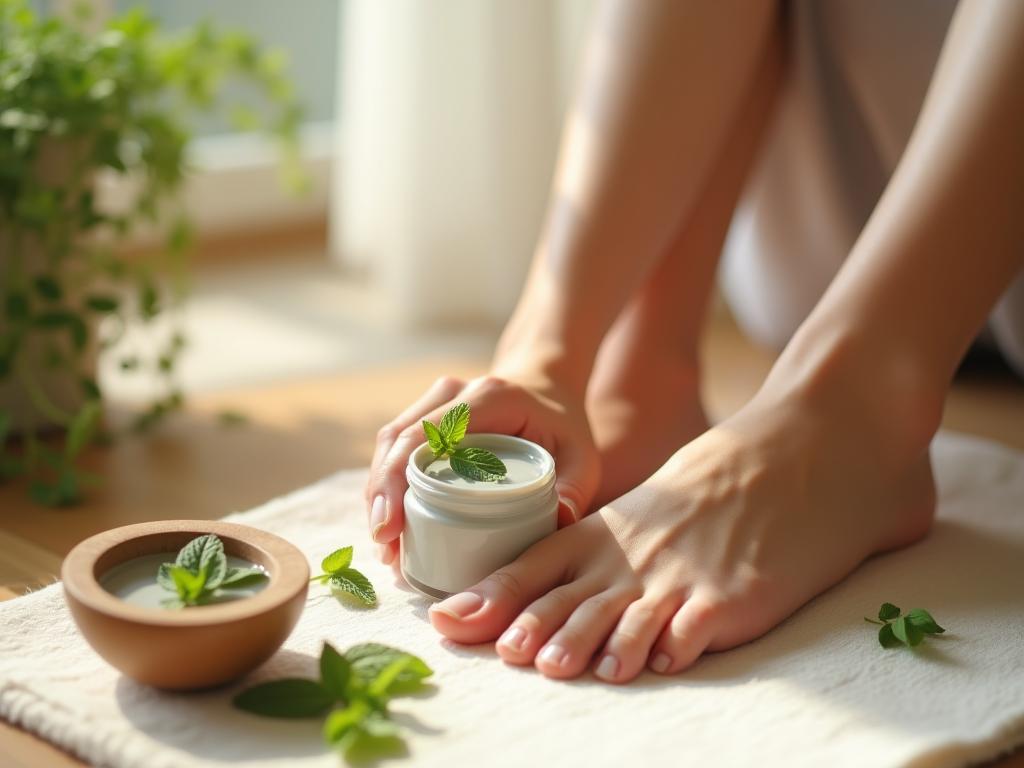 A woman applying natural foot cream made with clay and mint in a sunlit room, showcasing the natural ingredients and the relaxed atmosphere.