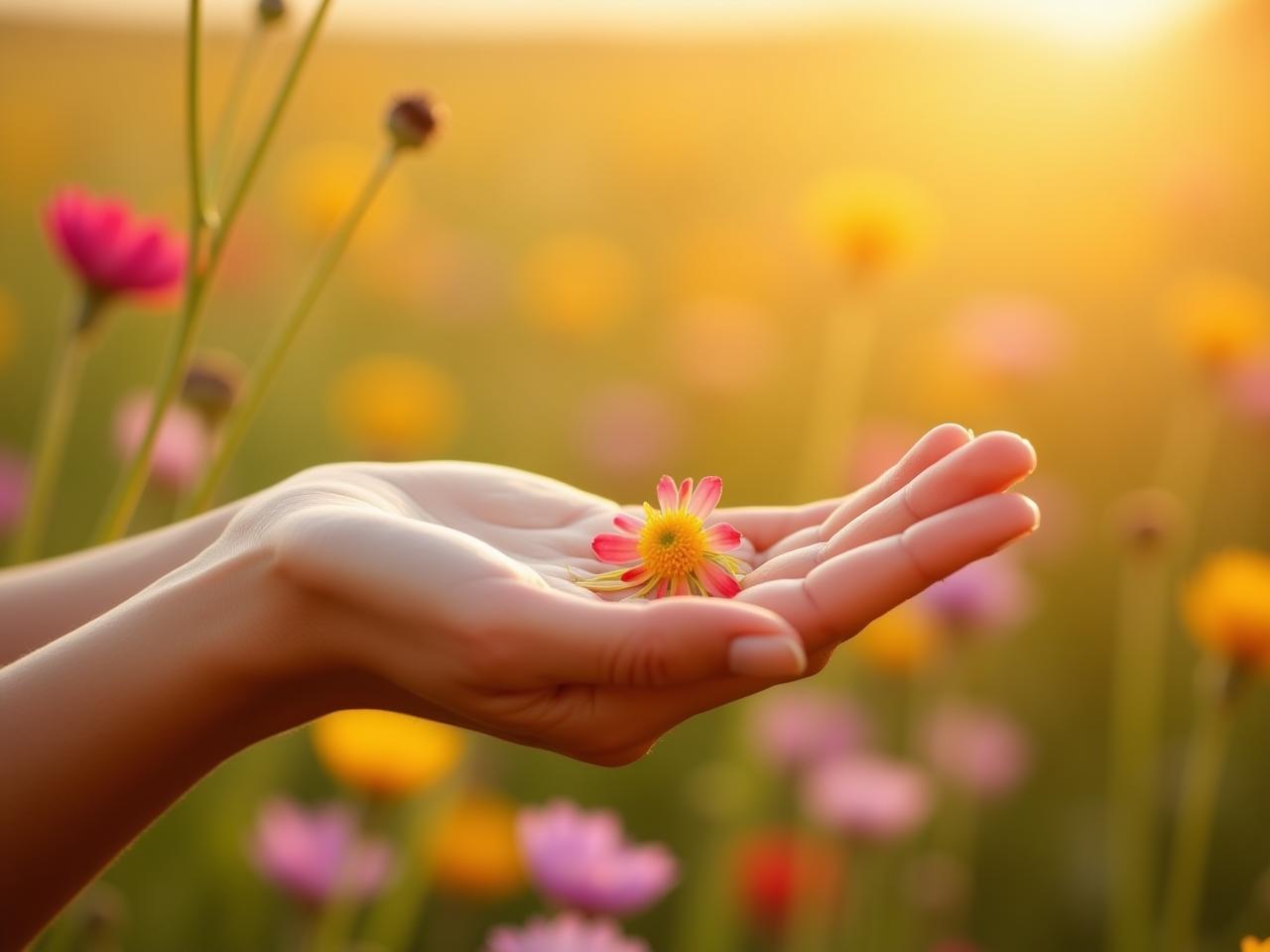 A close-up shot of a womans hand gently applying homemade body oil infused with spring flowers in a sunlit field of wildflowers in Emek Hefer, Israel. The image conveys a sense of natural beauty, tranquility, and connection to the environment. The focus is on the vibrant colors of the flowers and the radiant glow of the oil on the skin.