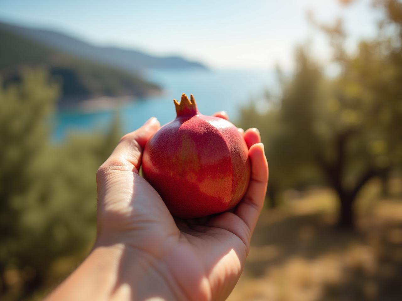 A close-up shot of a womans hand holding a ripe pomegranate, with its red seeds glistening in the sunlight. In the background, theres a blurred image of olive trees and the Mediterranean Sea, creating a natural and serene atmosphere.