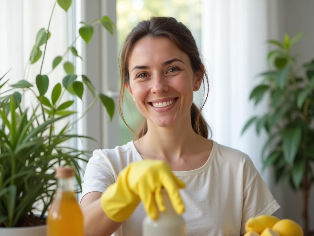 A woman cleaning her home with natural cleaning products like vinegar and lemon, surrounded by plants.