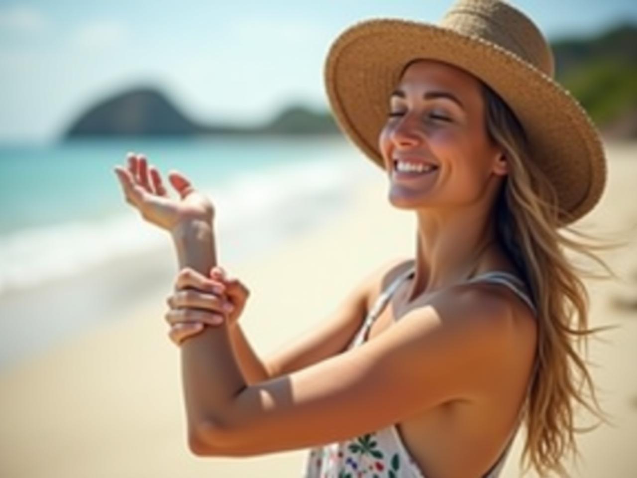 A woman applying homemade natural sunscreen to her arm on a sunny beach.