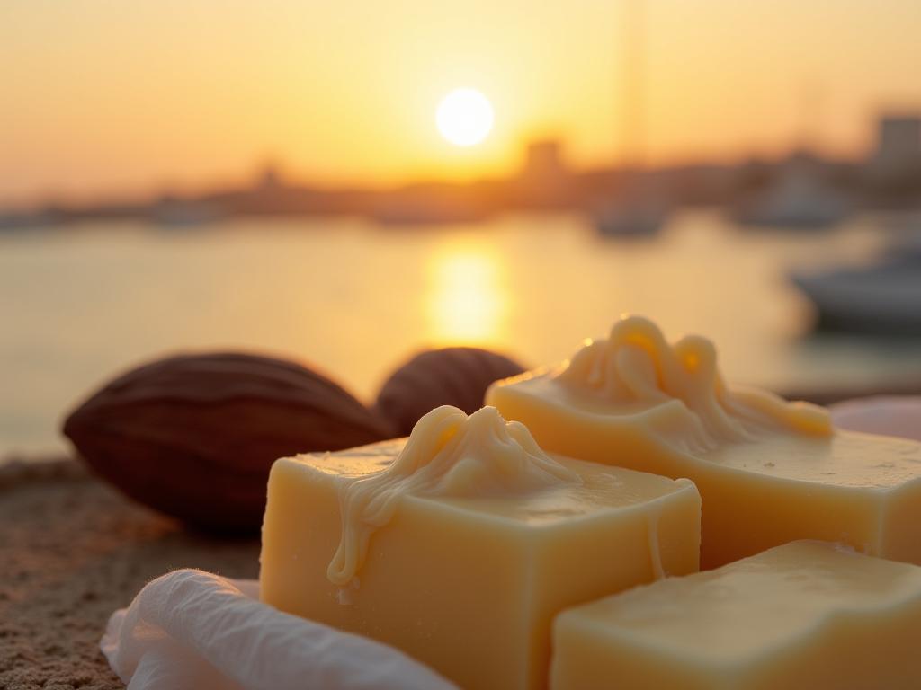 Close-up of raw cocoa butter with a background of Haifa port at sunset.
