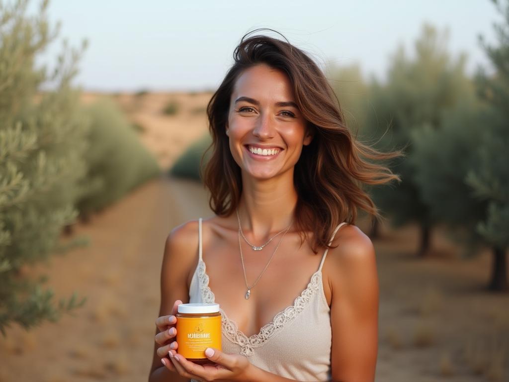 A woman smiling in a field of olive trees, holding a jar of homemade sunscreen.