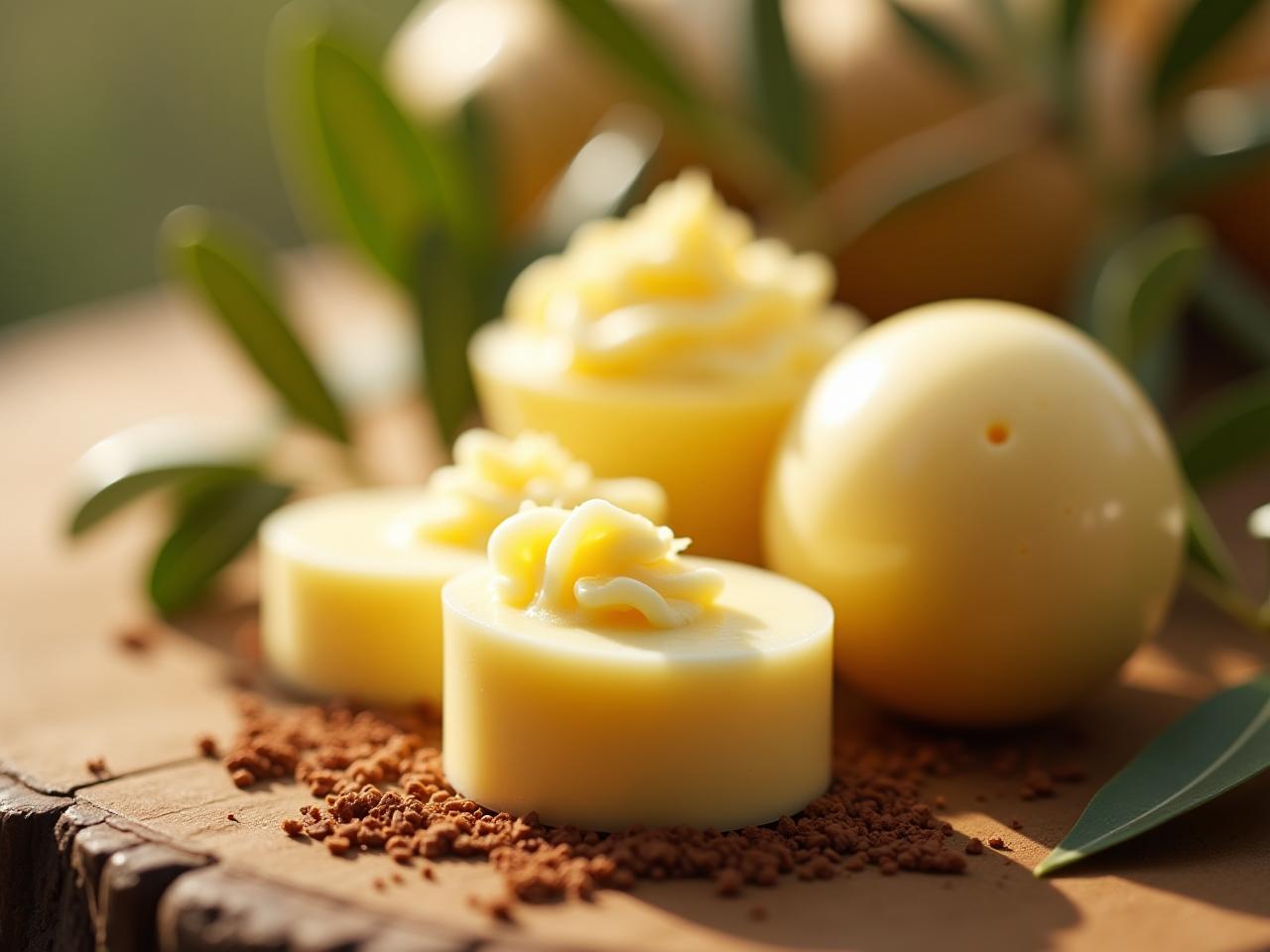 Close-up of homemade solid body butter with natural ingredients like shea butter, cocoa butter, coconut oil, and beeswax, displayed in a rustic setting with olive leaves and sunshine.