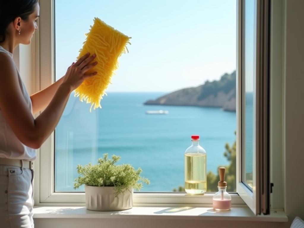 Woman cleaning window with natural ingredients like vinegar and glycerin, with a view of the Mediterranean sea.
