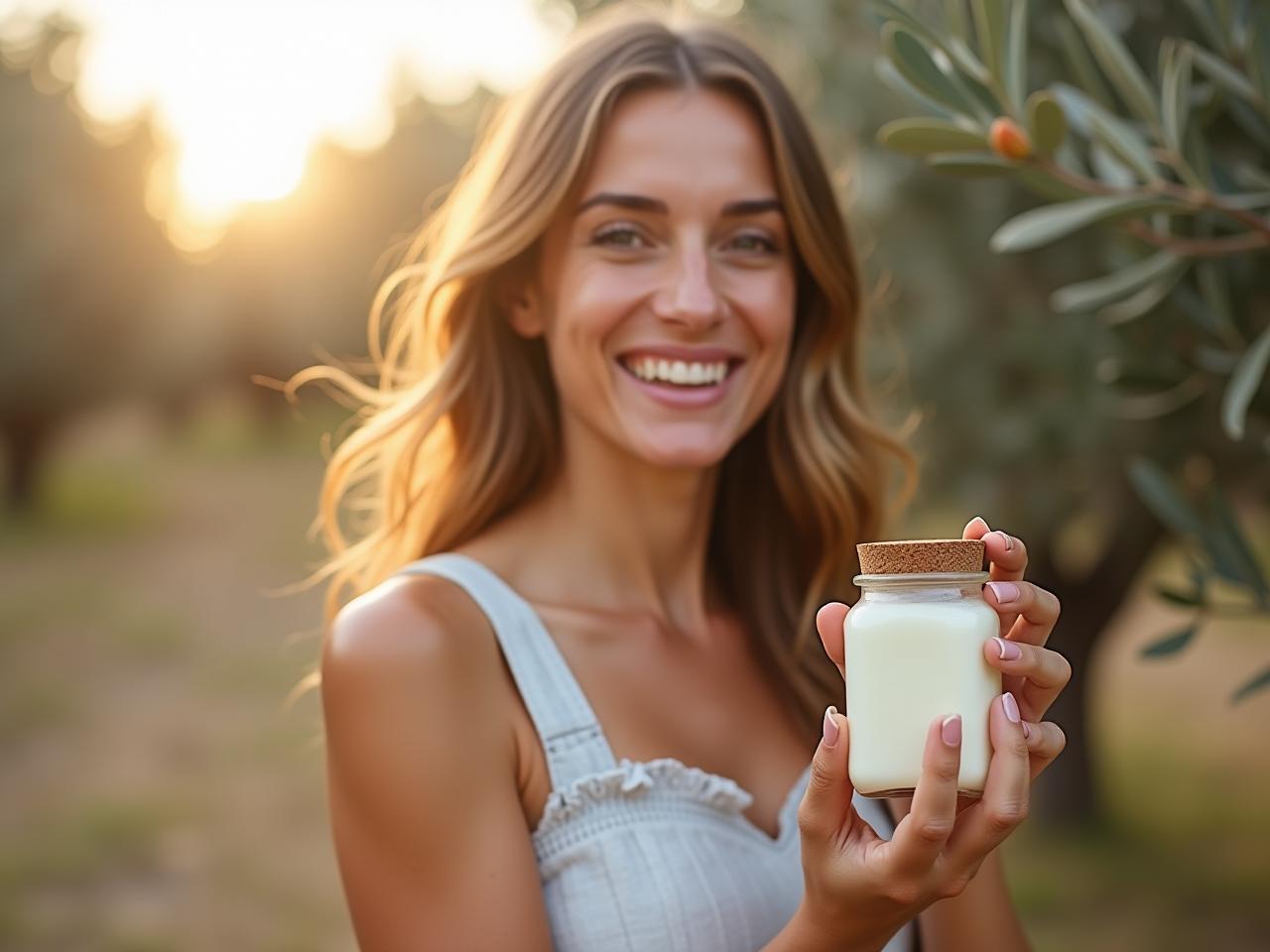 A woman smiling and holding a jar of homemade natural deodorant, with olive trees in the background. Soft sunlight filters through the leaves, creating a warm and inviting atmosphere.