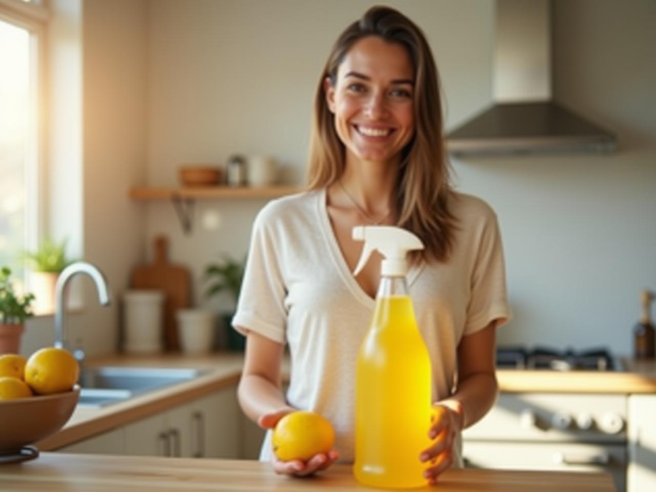 A woman smiling and holding a lemon in a sunlit kitchen with natural cleaning ingredients around.