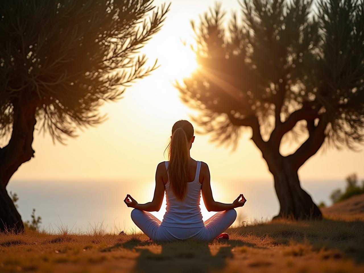 A woman meditating outdoors, surrounded by olive trees, with the Mediterranean Sea in the background. Sunlight shining through the leaves.