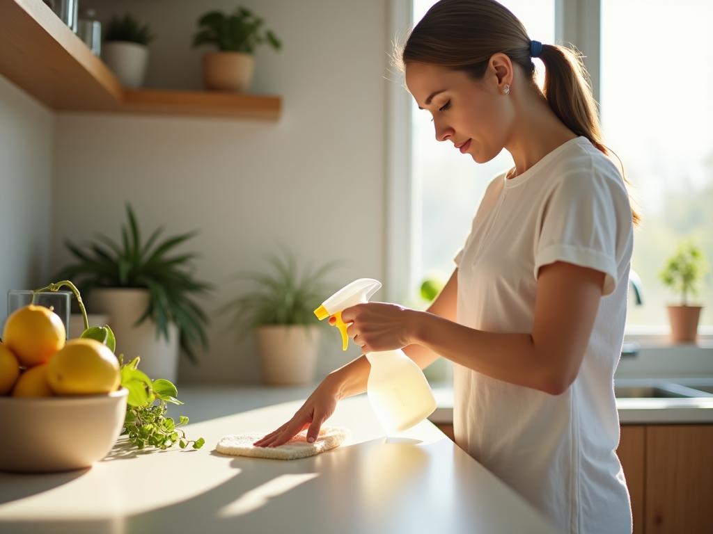 A woman cleaning her kitchen counter with a spray bottle, with lemon and herbs visible in the background, bathed in natural light.