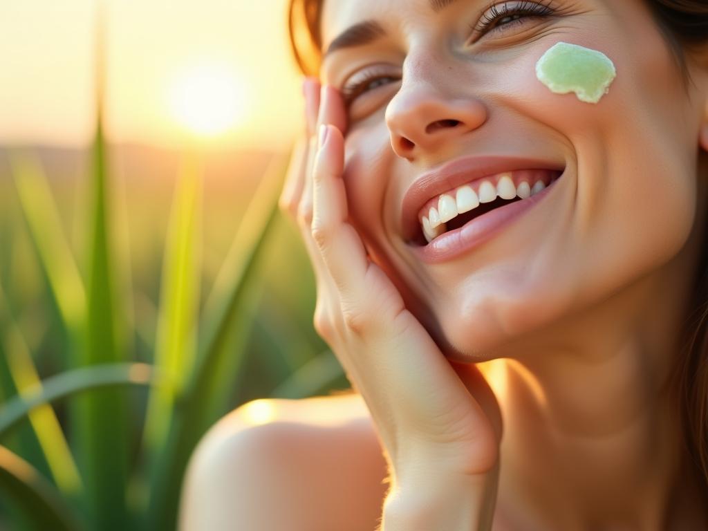 A close-up of a womans hand applying a light, green aloe vera cream to her face, with a blurred background showing aloe vera plants and a sunlit Israeli landscape.