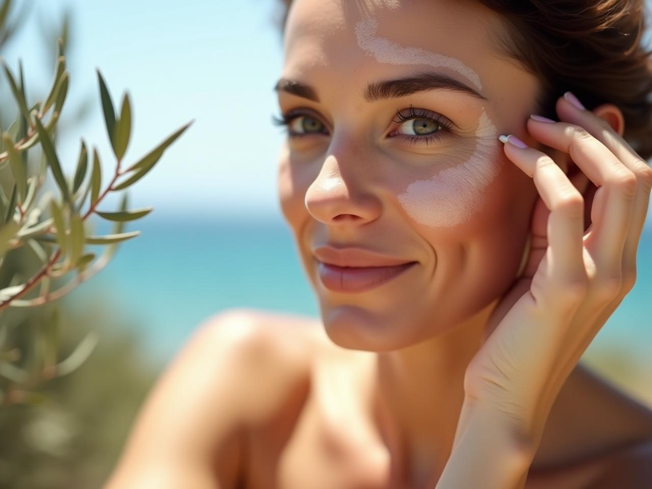 Close-up of a woman applying natural algae eye serum, with a background of the Israeli Mediterranean Sea and olive trees, embodying the purity and natural ingredients of the product.
