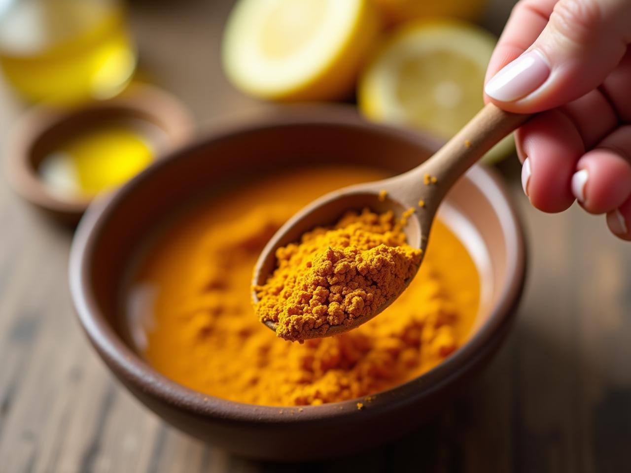 Close-up shot of a womans hand mixing turmeric powder with honey in a small bowl, with a blurred background of natural ingredients like lemon slices and olive oil.