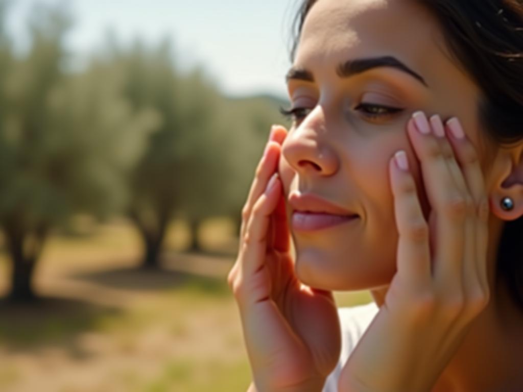 Close-up of a womans hands gently applying olive oil to her face, with a blurred background of olive trees in the Galilee.