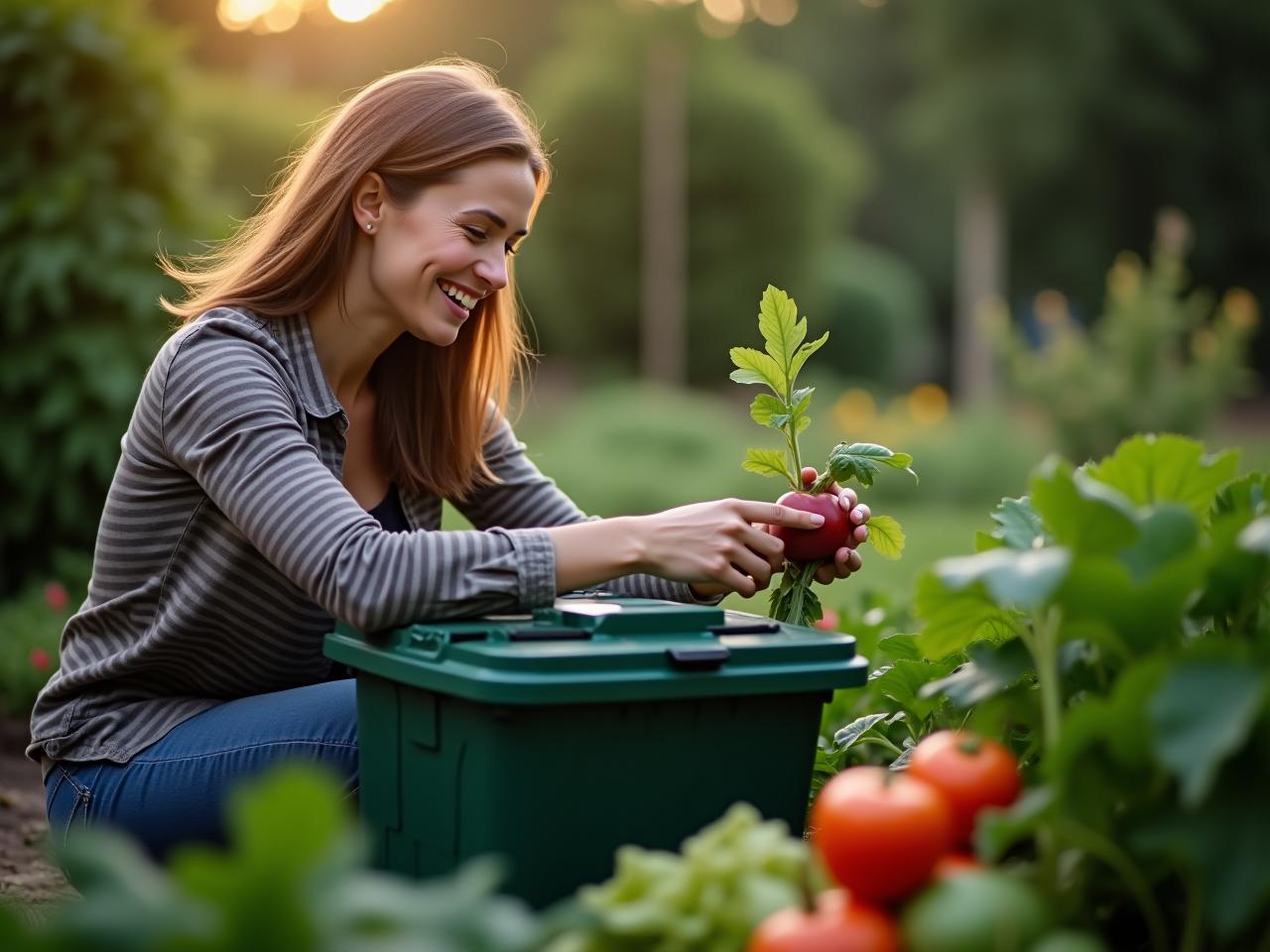 A woman tending to a compost bin in a garden with vegetables growing around her.