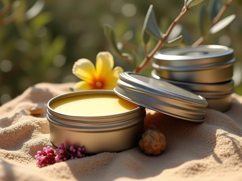 Close-up of homemade solid perfume in small tin containers, decorated with dried flowers and herbs, against a background of olive branches and sunlit sand. The scene evokes a natural, Israeli landscape.