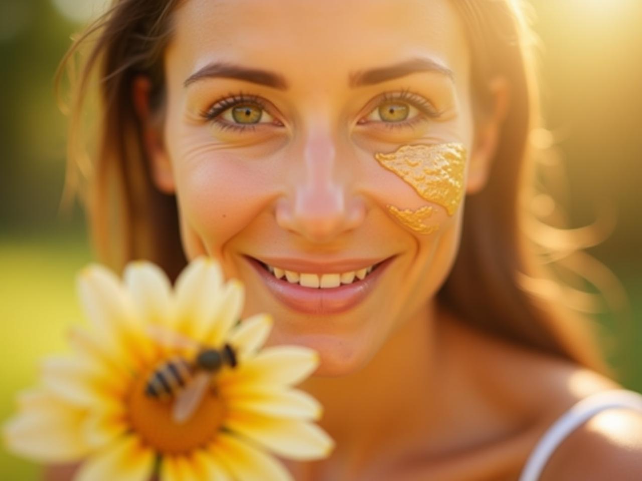 A close-up shot of a womans face with a gentle smile, applying a honey and breast milk mask to her skin. Soft sunlight illuminates her face, highlighting the natural glow. In the background, a blurred image of a bee on a flower and a mother breastfeeding her baby.