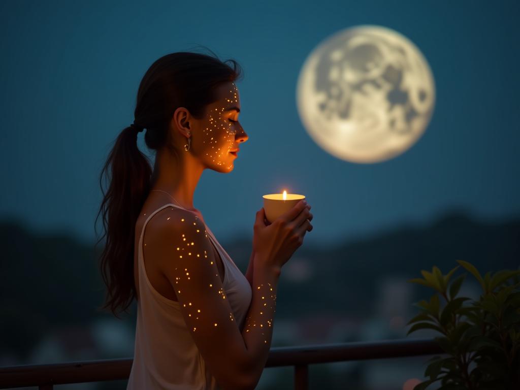 A woman with glowing skin is sitting on a balcony under the full moon, holding a cup of herbal tea.