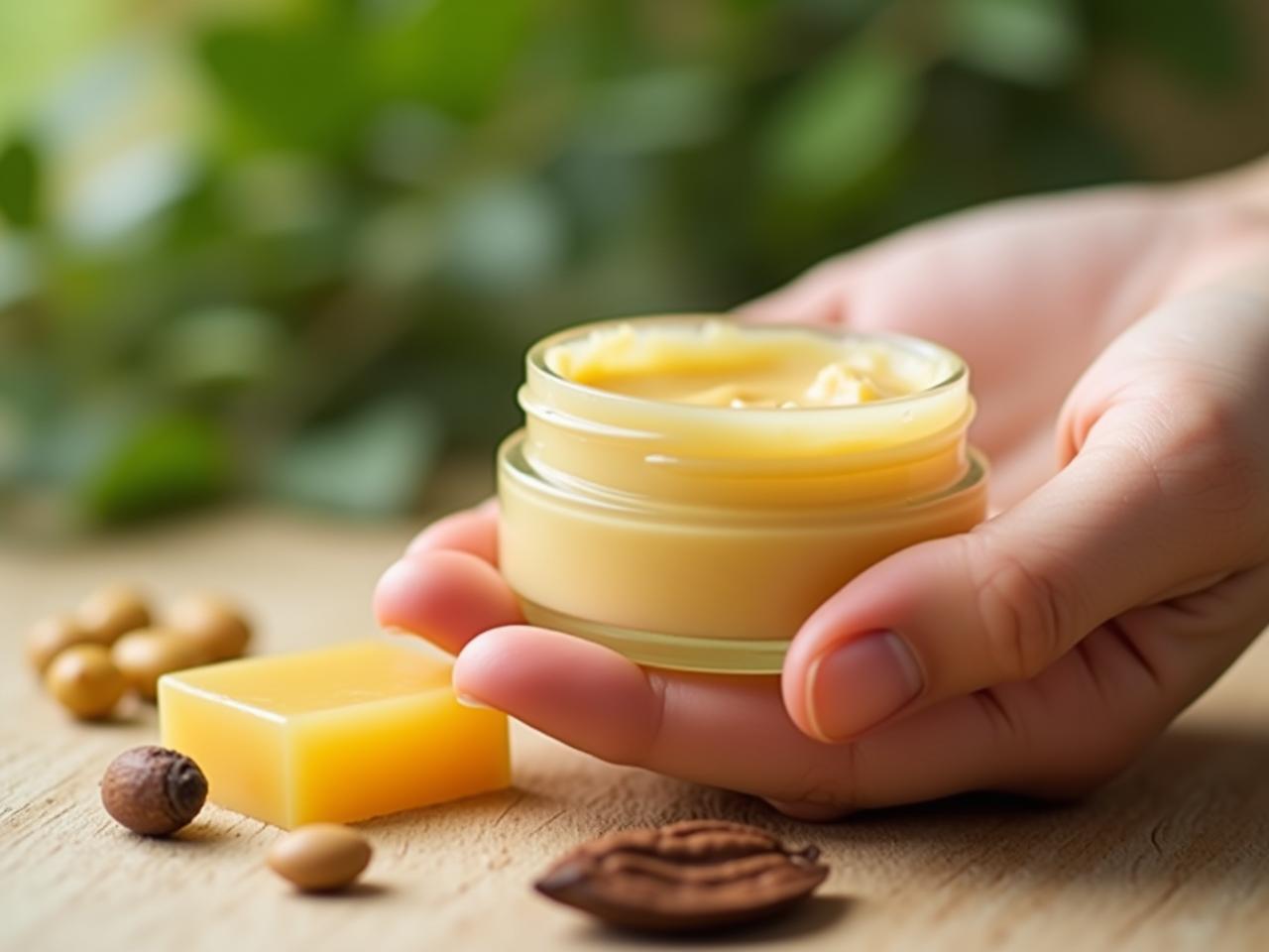 A close-up of a hand applying a creamy, light brown balm to the skin, with ingredients like beeswax, cocoa butter, and olive oil scattered around. The background features blurred greenery, evoking a natural and soothing atmosphere.