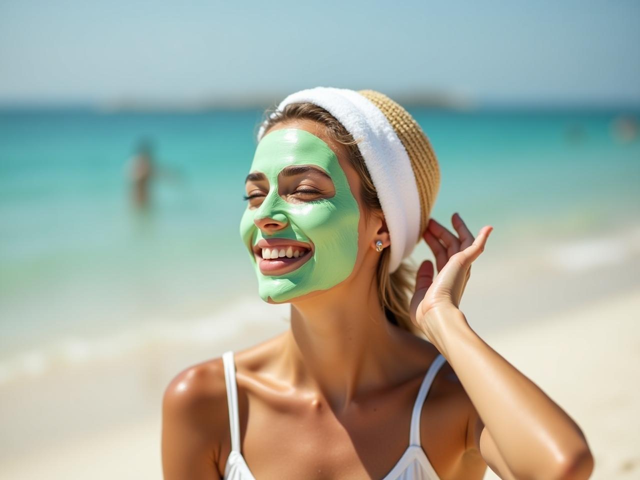 A woman applying a natural face mask with cucumber sea extract on a sunny Israeli beach.