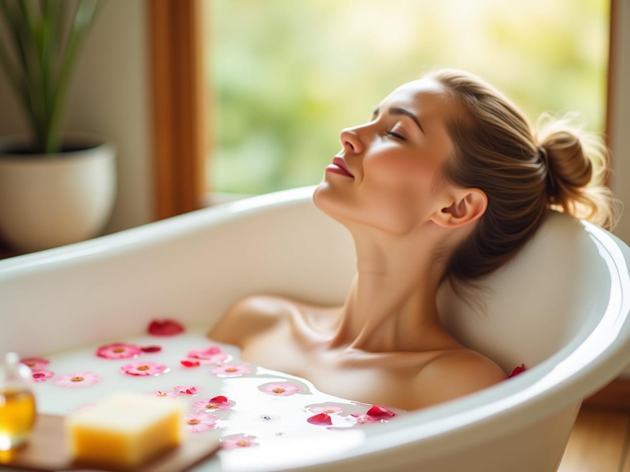 A woman relaxing in a bathtub filled with milky water and flower petals, with a blurred background of a sunny bathroom. A bar of natural soap and a small glass of honey are on the edge of the tub.