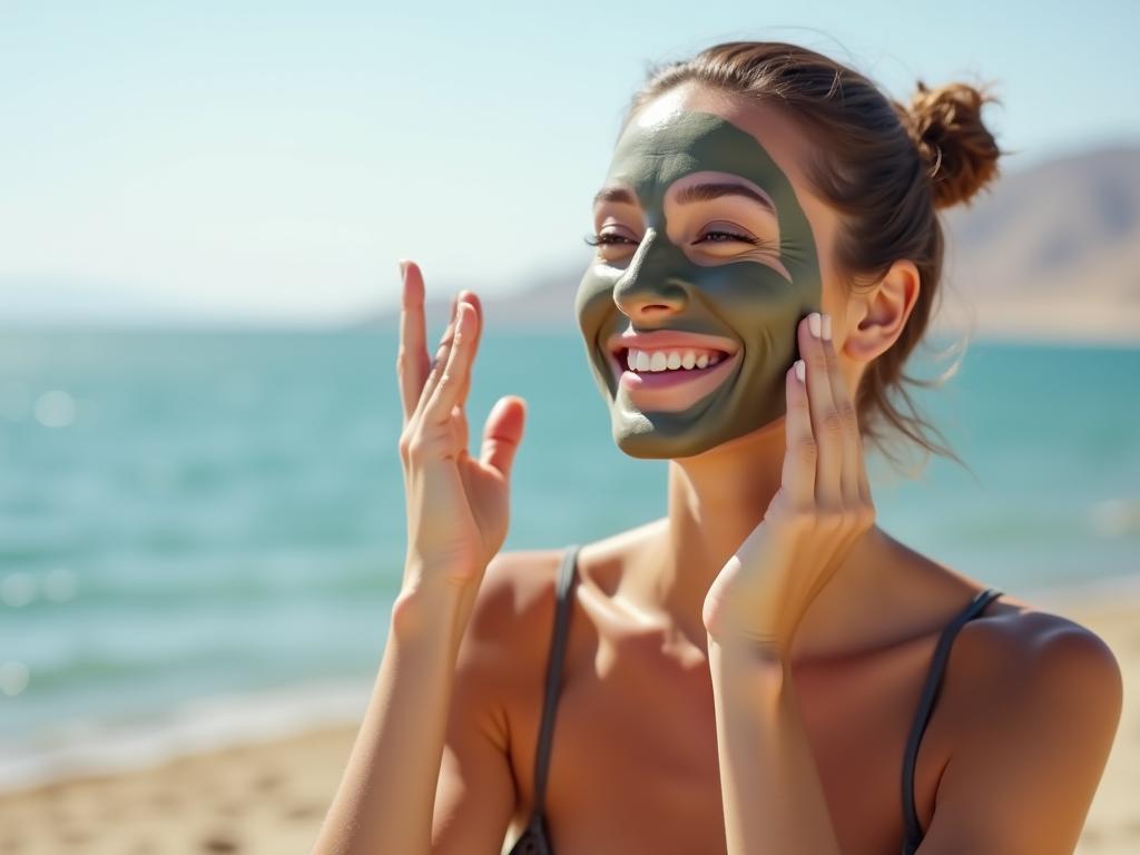 A woman smiling, applying a mud mask to her face, with the Dead Sea visible in the background.