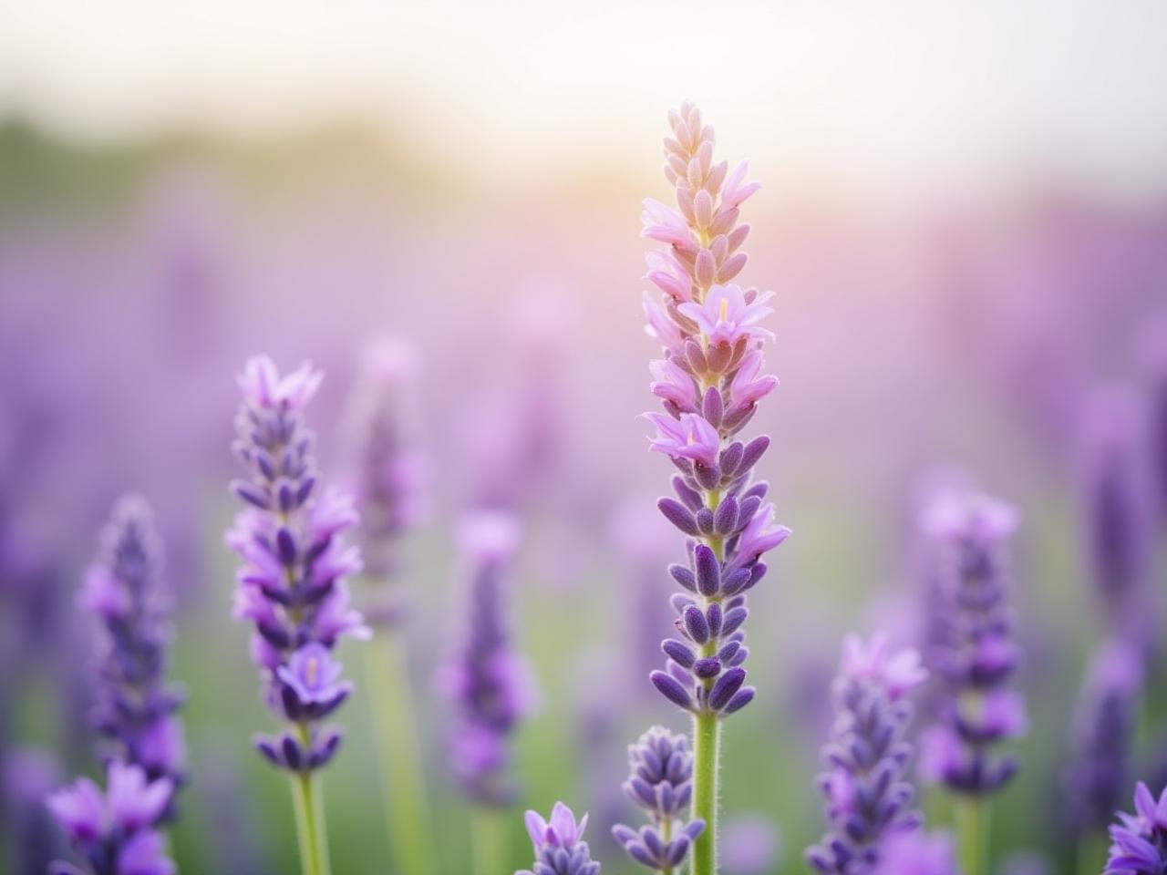 A close-up of blooming lavender flowers in a field with a soft, dreamy filter, evoking calmness and serenity.