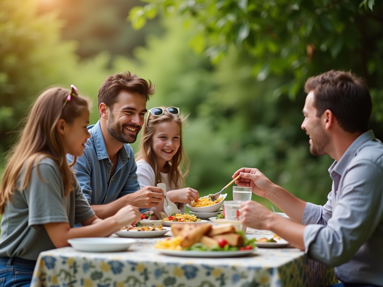 A family enjoying a zero-waste meal outdoors, surrounded by natural greenery.