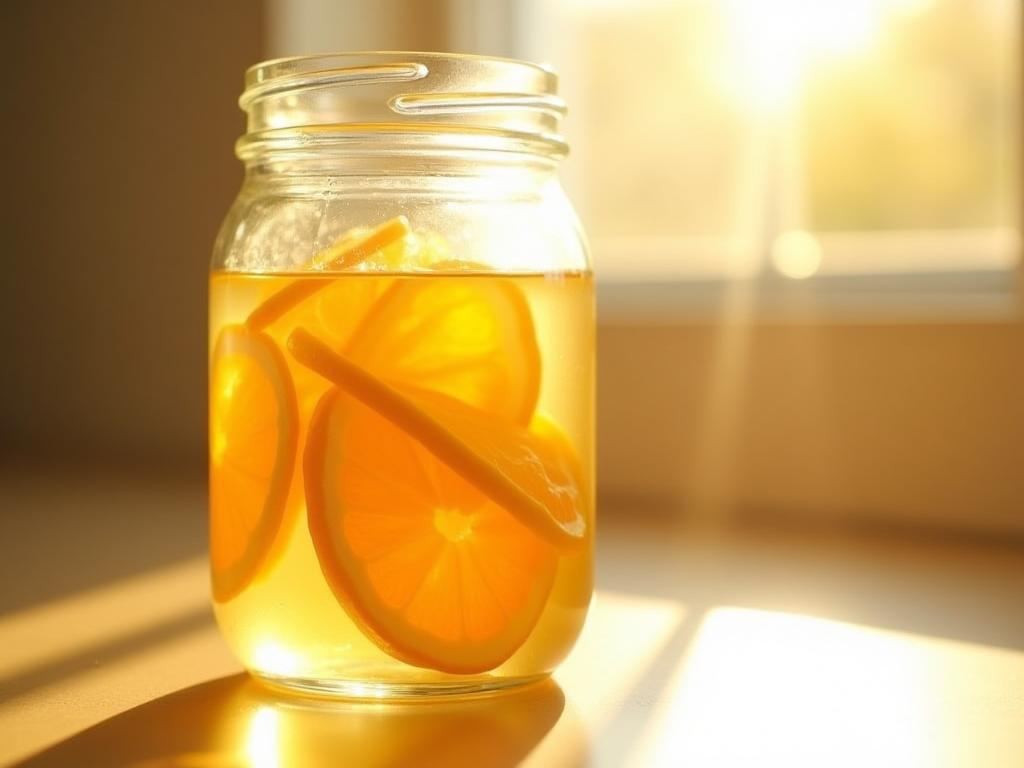 Close up shot of citrus peels in a glass jar filled with white vinegar, used to make natural cleaning solution. Sunlight streaming through the jar.