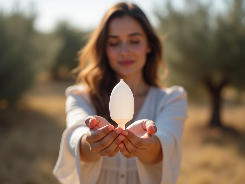 A woman holding a menstrual cup in a natural setting with olive trees in the background.
