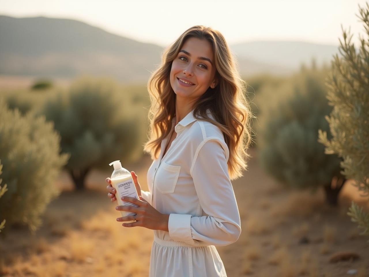 A woman standing in a field of olive trees in the Galilee, holding a bottle of homemade natural cleaner.