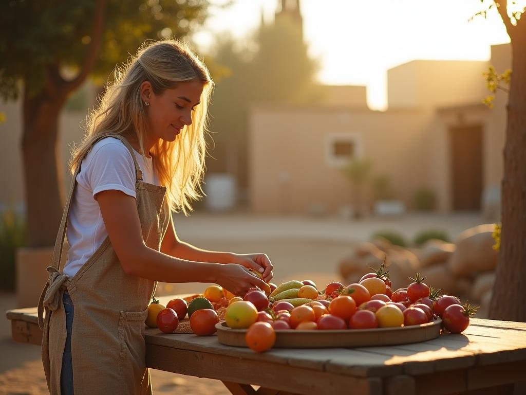A woman drying fruits and vegetables in the sun, on a wooden table in Israel.
