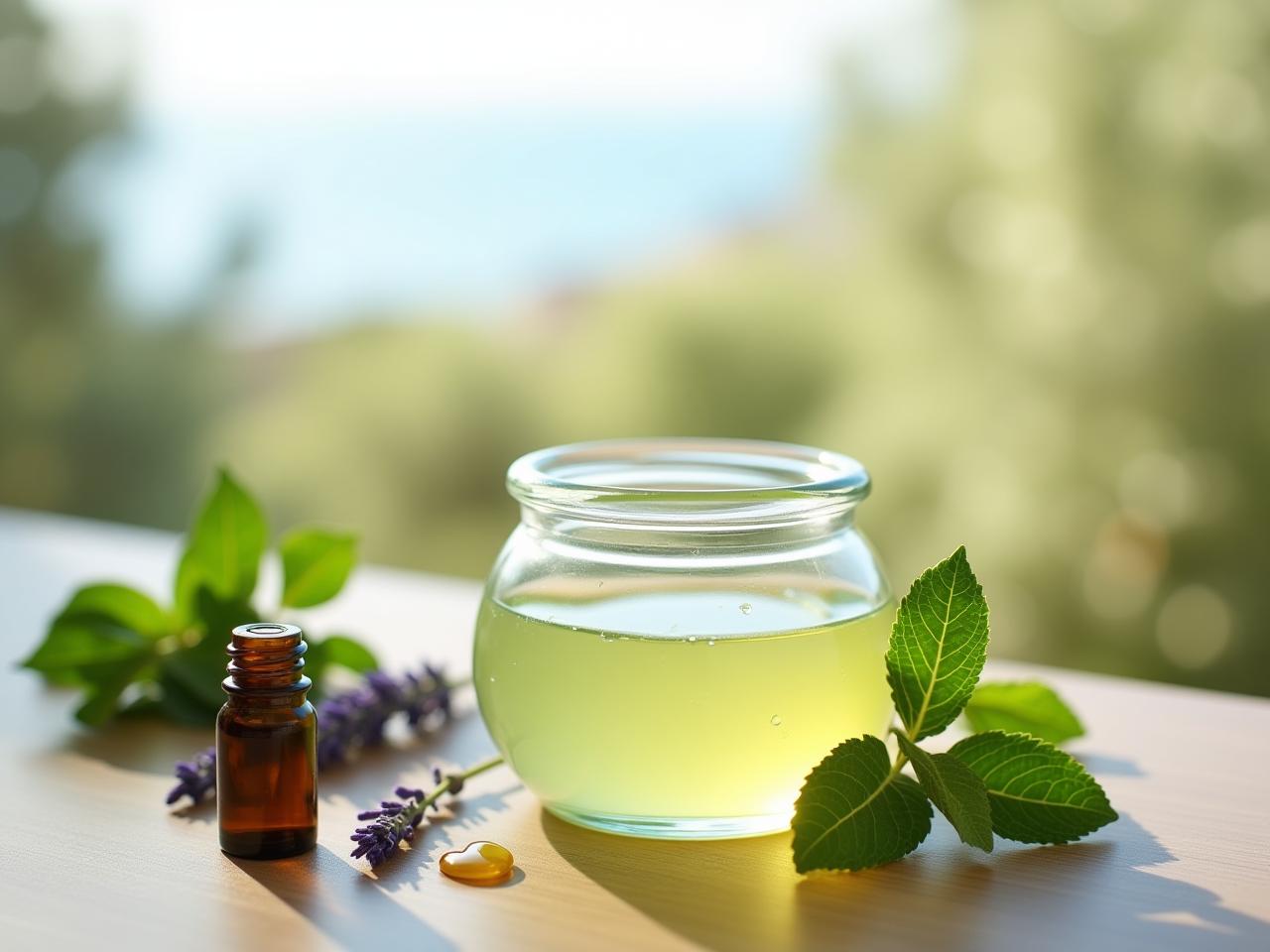 A close-up shot of a glass jar filled with homemade mint foot gel, surrounded by fresh mint leaves, a small bottle of lavender essential oil, and a few drops of olive oil. The background features a blurred view of a sunny Israeli landscape with olive trees and a hint of the Mediterranean Sea.
