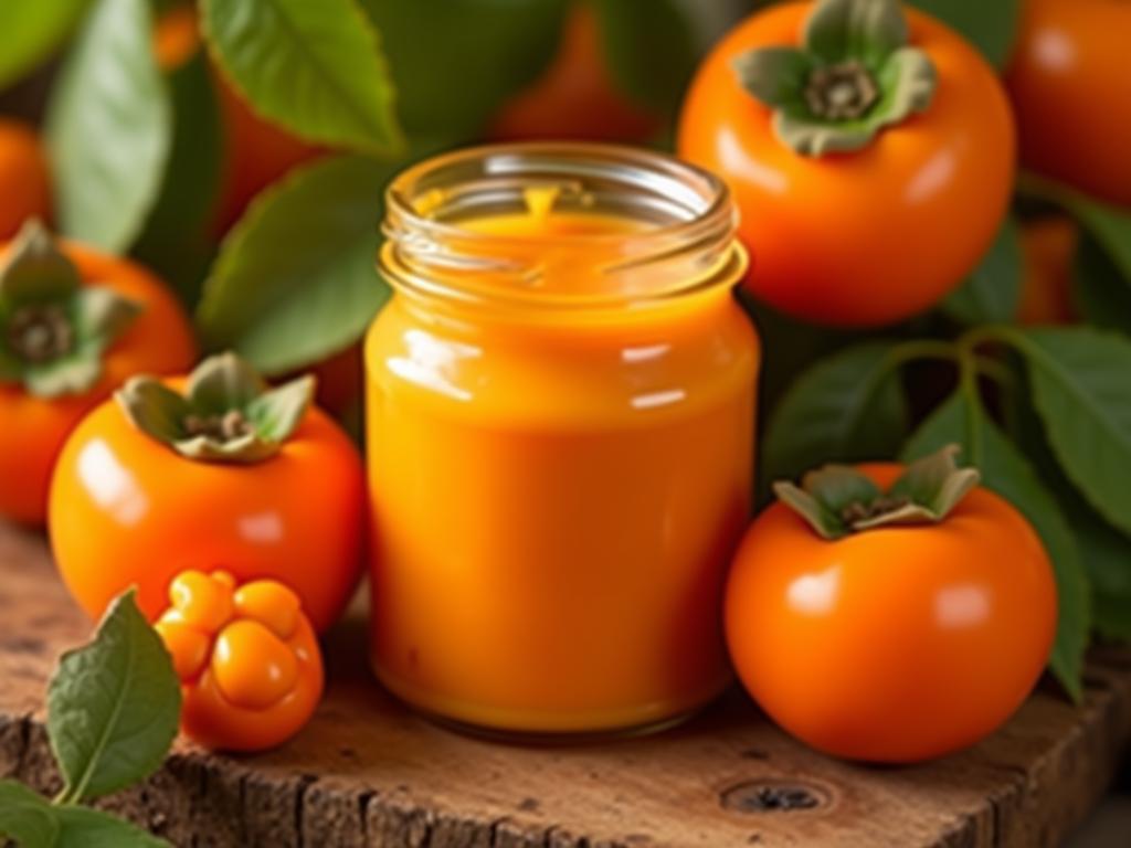 A close-up shot of a jar filled with orange persimmon cream, surrounded by fresh persimmons and green leaves. The background shows a sunny persimmon orchard in Israel.